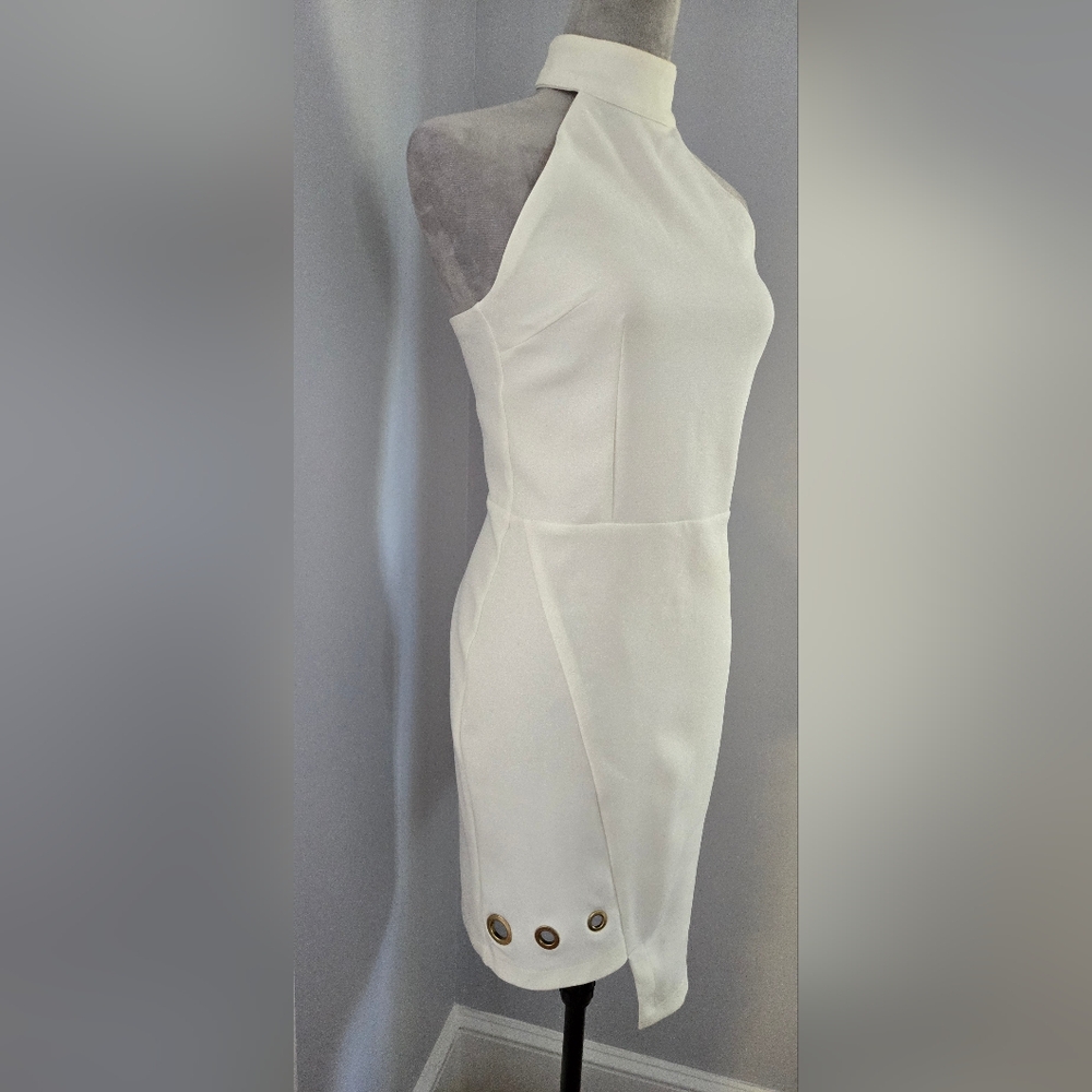 A|K Glamour Brazil ivory 2 button-halter asymmetrical dress 3 rivets sz 40